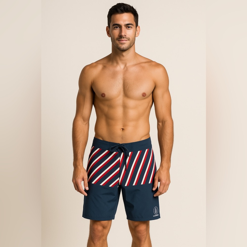 Volcom Manic 2 Boardshorts 34 NWOT Navy Red White Stripe Swim Trunks
